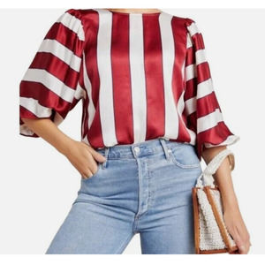 Anthropologie Maeve Maria Balloon Sleeve Striped Satin Blouse Size 6 NWT